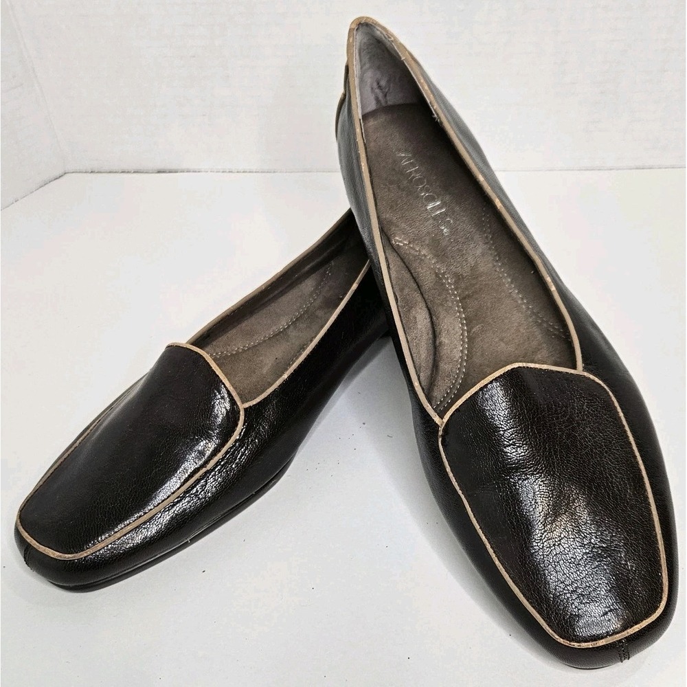Aerosoles Survival Slip on Flats 10M Dk Brown Tan Piping Leather Casual Comfort